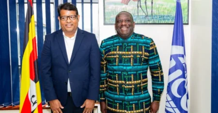 Airtel Ugandas Managing Director Mr. Soumendra SahuR posing for a photo moment with Uganda Communications Commission UCC Executive Director Hon. Goerge William Nyombi Tembo