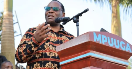 Mpuuga delivering his speech at the launch of Democratic Alliance recently