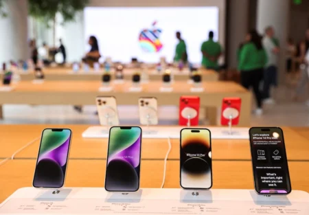 Apple iPhones are seen inside Indias first Apple retail store