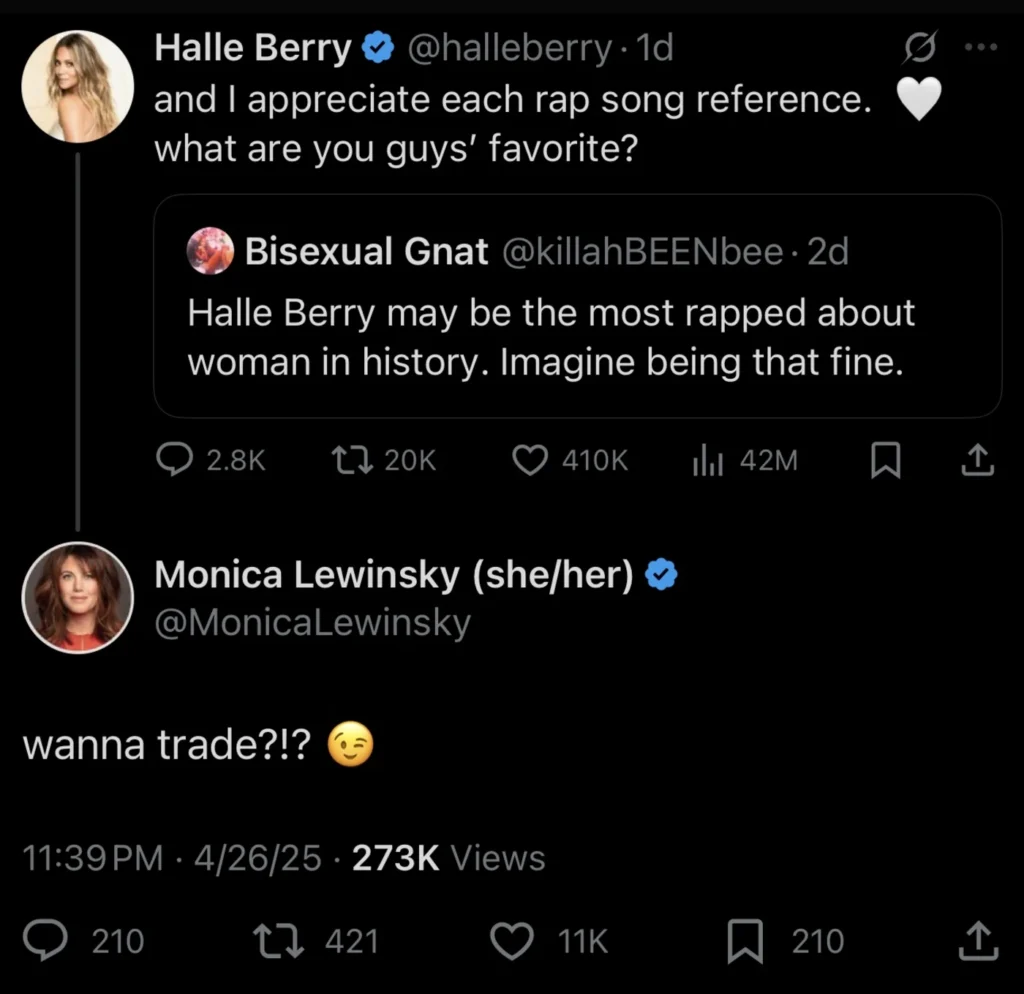 Halle Berry and Monica Lewinsky Go Viral Over Hip-Hop Name Drops: “Wanna Trade?!” 1 Halle Berry Monica Lewinsky
