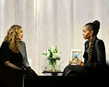 Tina Knowles discusses her memoir Matriarch with former First Lady Michelle Obama at Matriarch