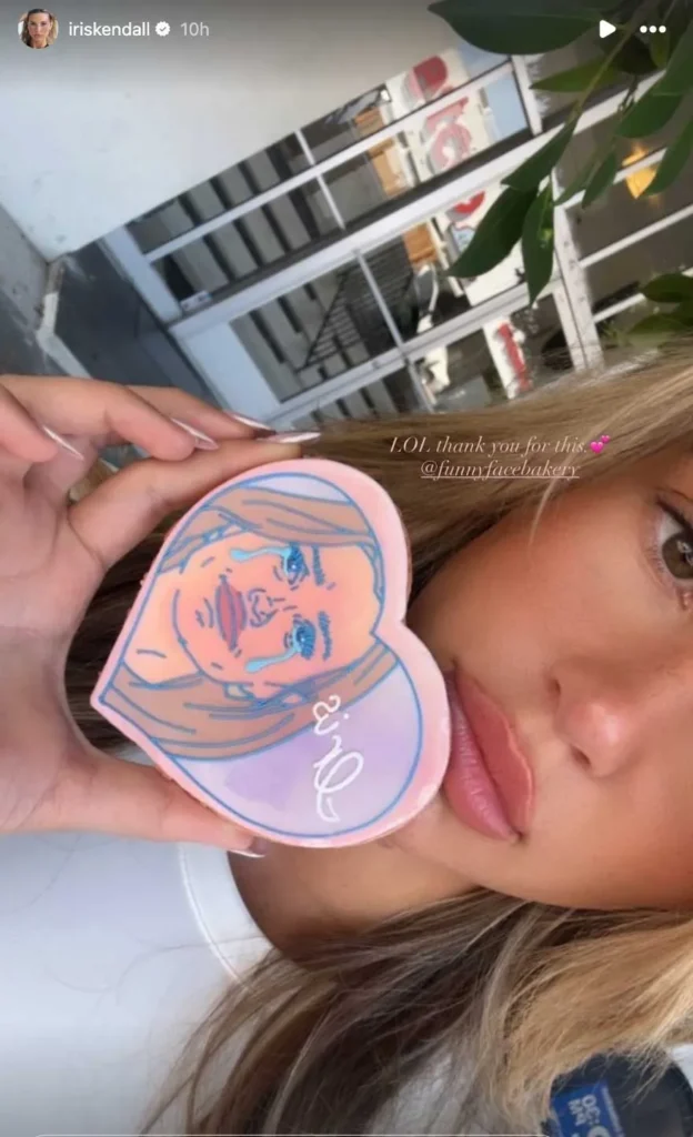 Iris Kendall shares a cookie featuring art of herself crying on Instagram Stories