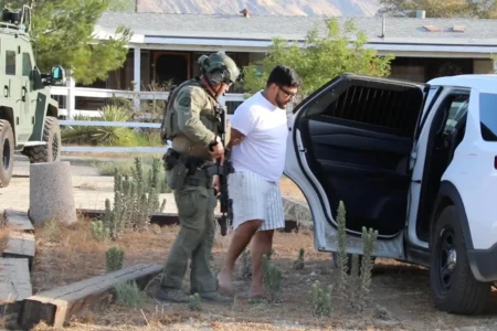 Jake Haro is placed in the back of a law enforcement patrol car during his arrest