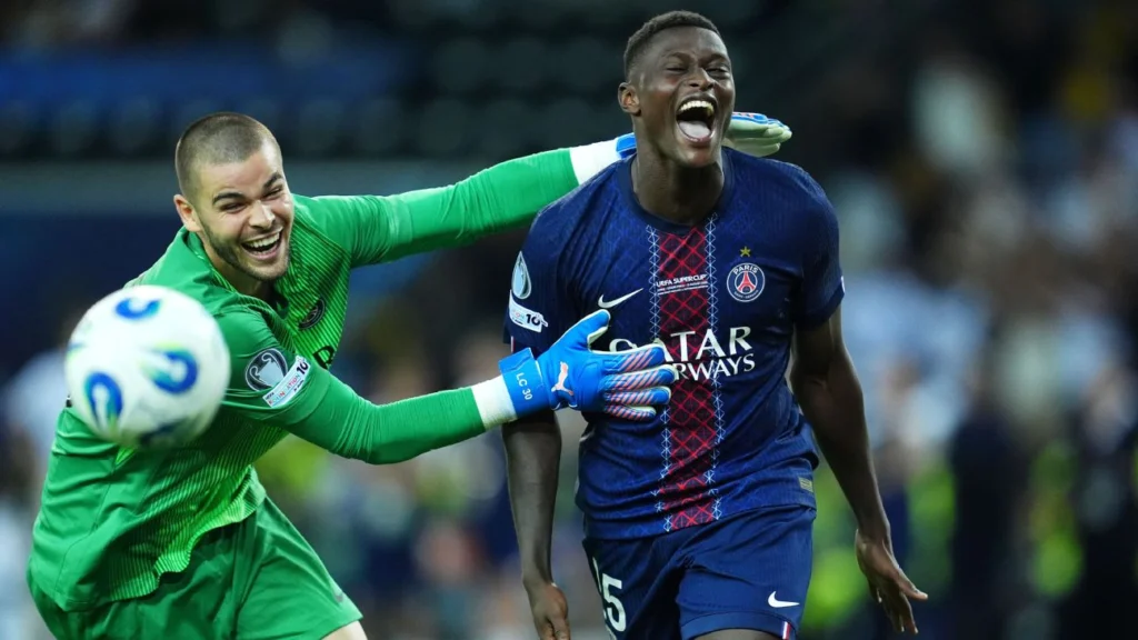 PSG Stuns Tottenham in Dramatic Super Cup Shootout After 2-Goal Collapse PSG players celebrate after beating Tottenham in a shootout to win the UEFA Super Cup