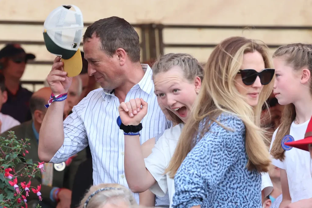 Peter Phillips and Harriet Sperling with his daughter, Savannah, at the Badminton Horse Trials on May 12, 2024
