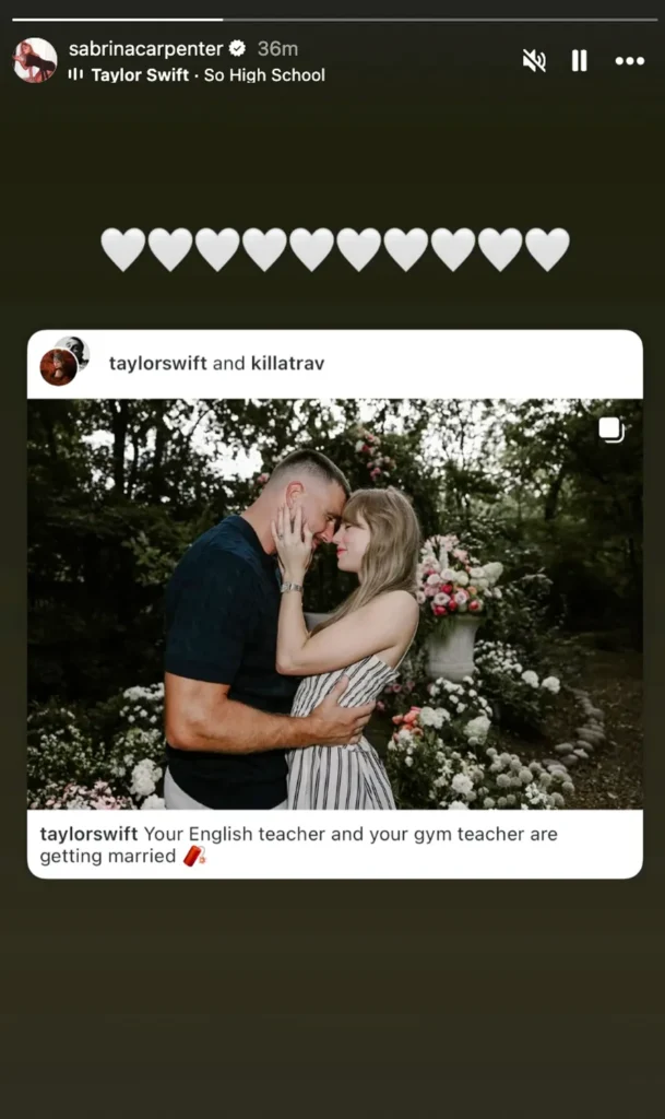 Sabrina Carpenter congratulates Taylor Swift on her engagement to Travis Kelce in 2025