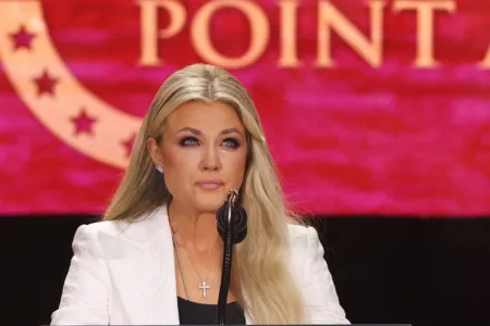 Erika Kirk, Charlie Kirks widow, speaks at the public memorial service for right wing activist Charlie Kirk