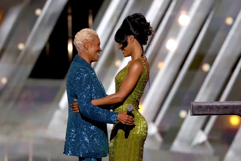 Teyana Taylor Confirms Dionne Warwick Biopic Role Inductee Dionne Warwick with Teyana Taylor onstage during the 2024 Rock & Roll Hall Of Fame Induction Ceremony