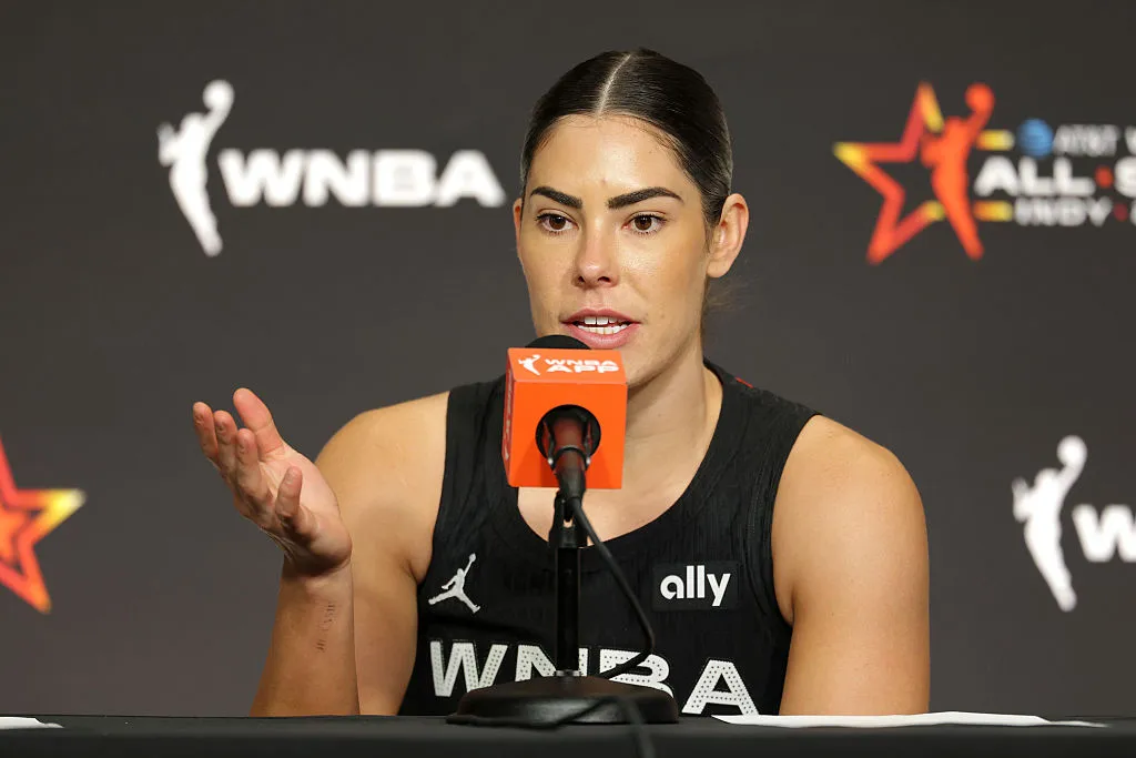 Kelsey Plum #10 of the Los Angeles Sparks speaks to the media after defeating Team Clark 151 131
