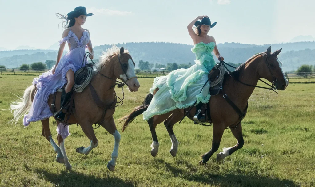 The friends modeled McQueen gowns on galloping horses