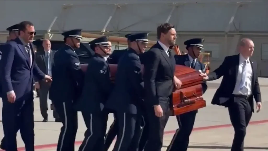 Charlie Kirk’s Casket Flown to Arizona on Air Force Two 1 Vice President JD Vance walks toward Air Force Two alongside Charlie Kirks casket