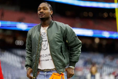 Stefon Diggs Hit with Assault, NDA Lawsuit by Ex Mulan Hernandez Wide receiver Stefon Diggs #1 of the Houston Texans stands on the field prior to an NFL football game against the Baltimore Ravens