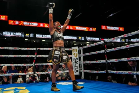 Claressa Shields reacts at the end of the tenth round against Danielle Perkins during their undisputed heavyweight title