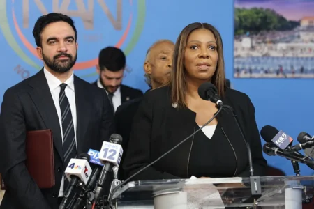 Letitia James and Bernie Sanders to Swear In Zohran Mamdani as NYC’s Next Mayor Mayor elect Zohran Mamdani and Attorney General of New York Letitia James during the 2025 National Action Network Thanksgiving Feeding at National Action Networks House Of Justice