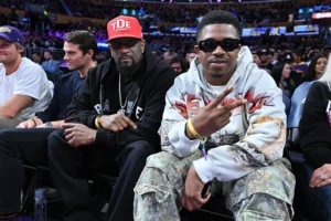 Top Dawg (L) and Trap Dickey attend a basketball game between the Los Angeles Lakers and the New Orleans Pelicans at Crypto.com Arena