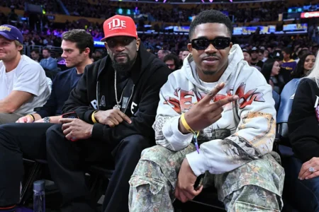 Top Dawg (L) and Trap Dickey attend a basketball game between the Los Angeles Lakers and the New Orleans Pelicans at Crypto.com Arena