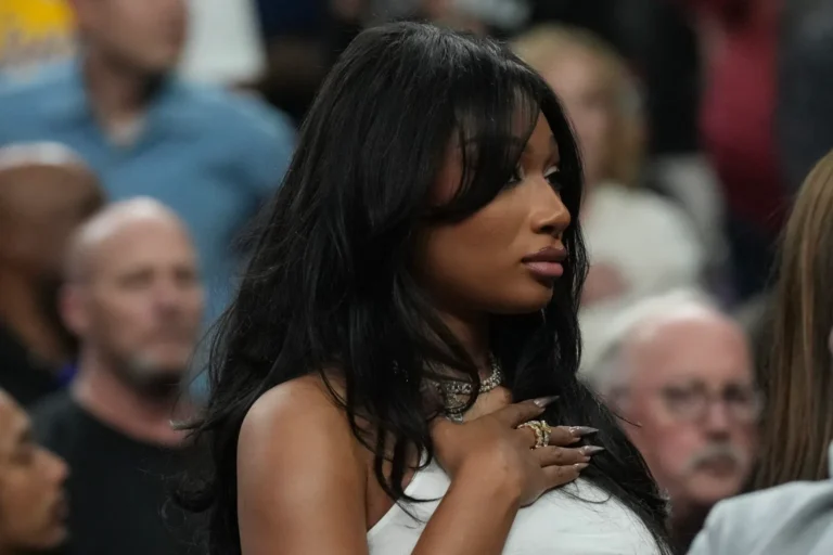 Megan Thee Stallion attends a preseason game between the Dallas Mavericks and the Los Angeles Lakers at T Mobile Arena