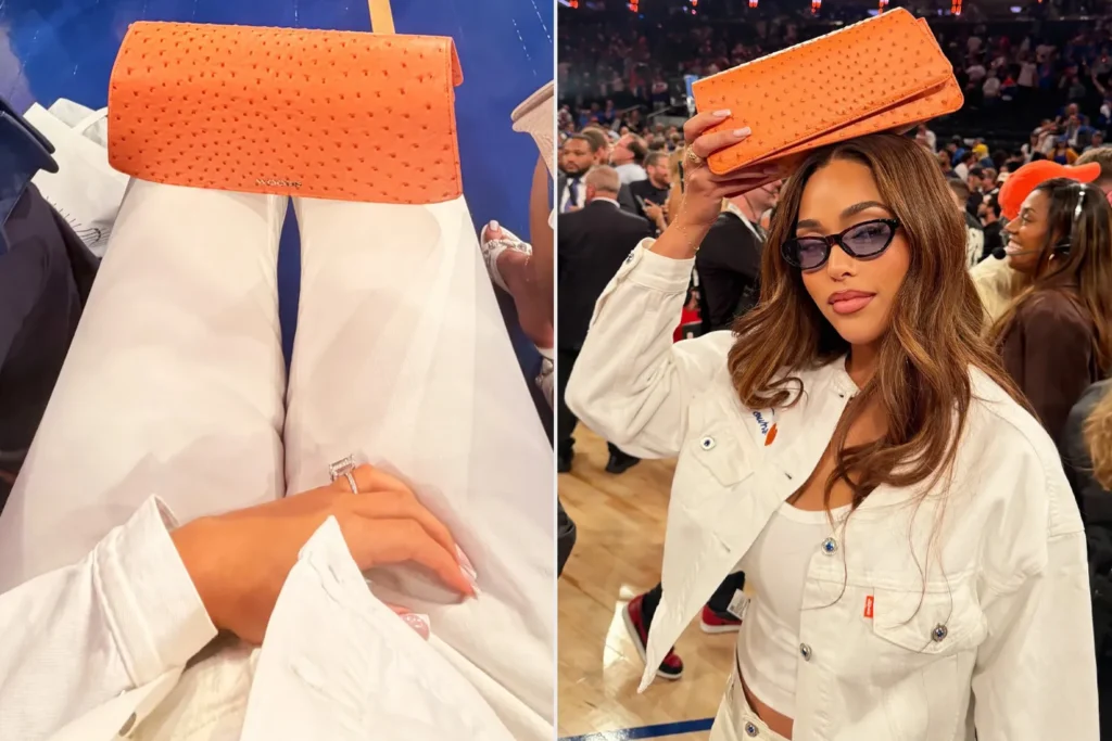 Jordyn Woods and her lucky orange purse for the 2026 NBA Finals.