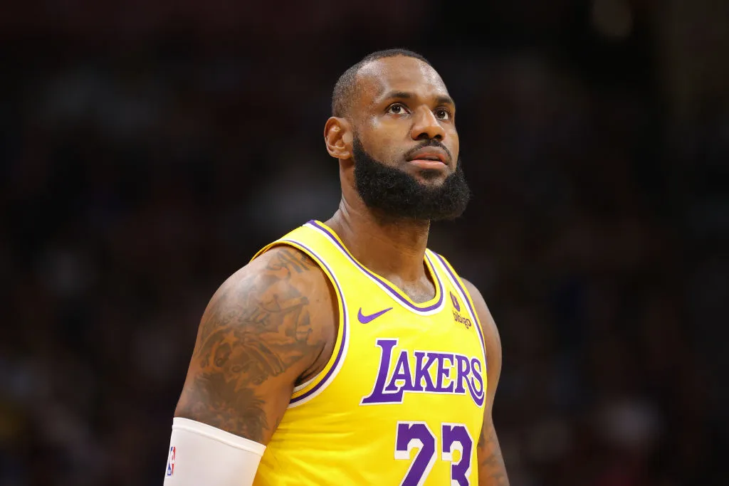LeBron James 23 of the Los Angeles Lakers looks towards the crowd during a timeout against the Denver Nuggets in the second half of the NBA Opening night game at Ball Arena