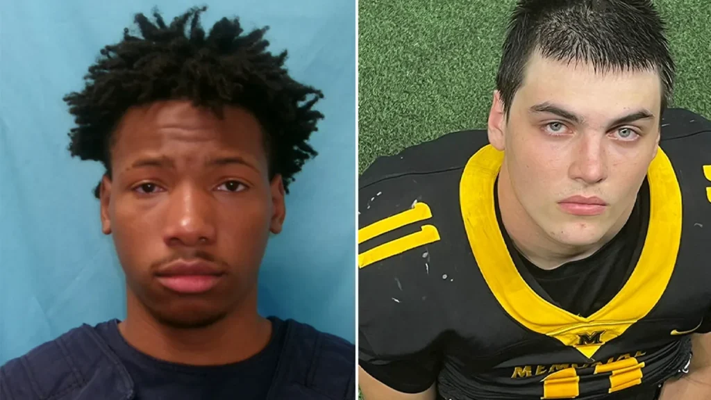 Mugshot of Karmelo Anthony, left, and Austin Metcalf in football pads, right.