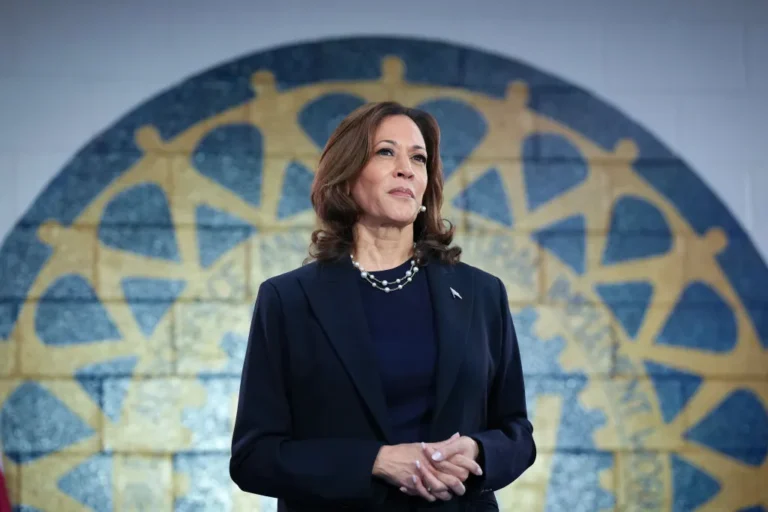 Vice President Kamala Harris waits to speak at a campaign rally at United Auto Workers Local 900