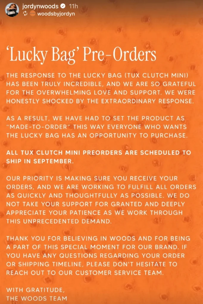 Woods by Jordyn shared a statement about the Lucky Bag pre order policy.