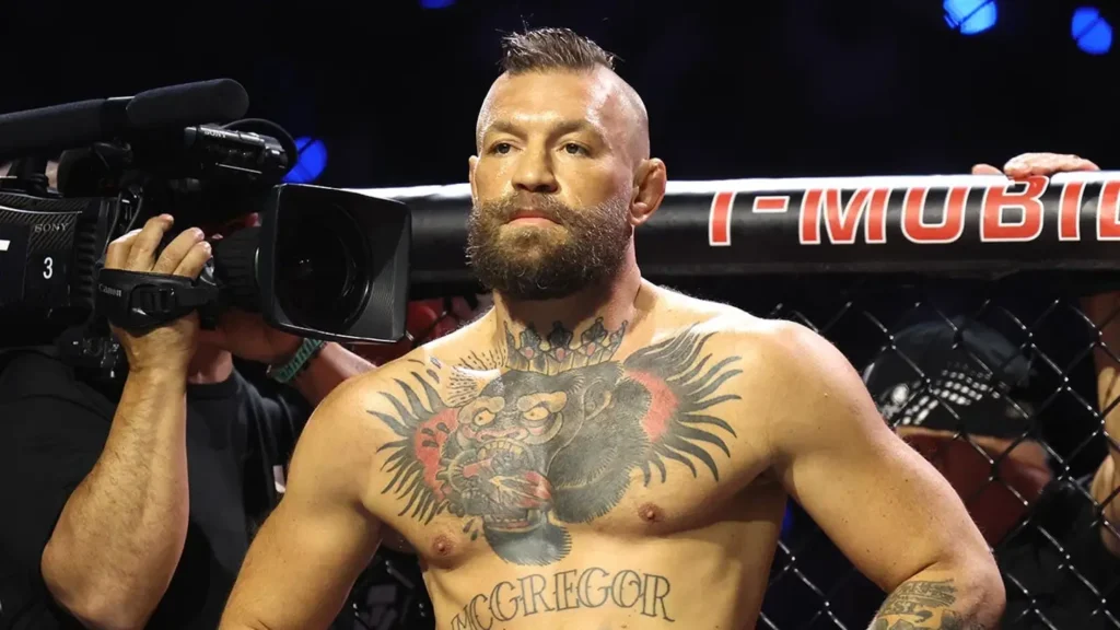 Conor McGregor participates in the walkout before facing Max Holloway in their welterweight bout during UFC 329 at T Mobile Arena in Las Vegas