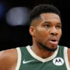 Giannis Antetokounmpo #34 of the Milwaukee Bucks reacts against the Sacramento Kings during the third quarter at Fiserv Forum on November 01, 2025 in Milwaukee, Wisconsin