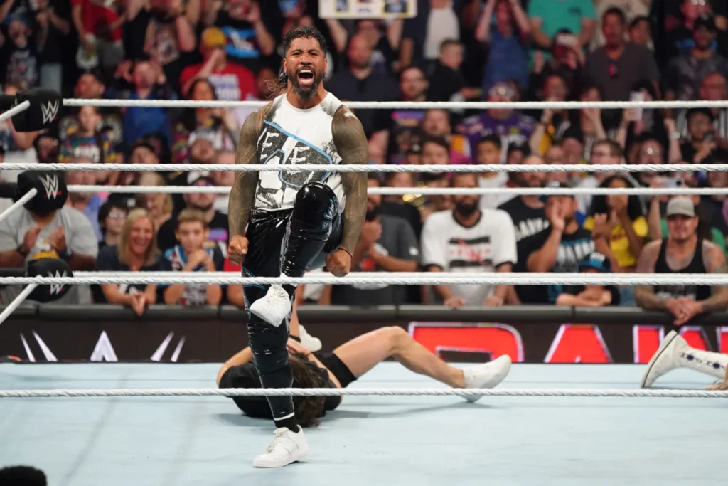 Jey Uso reacts after he speared JD McDonagh during WWE’s Monday Night RAW at Xcel Energy Center on July 29, 2024 in St Paul, Minnesota.