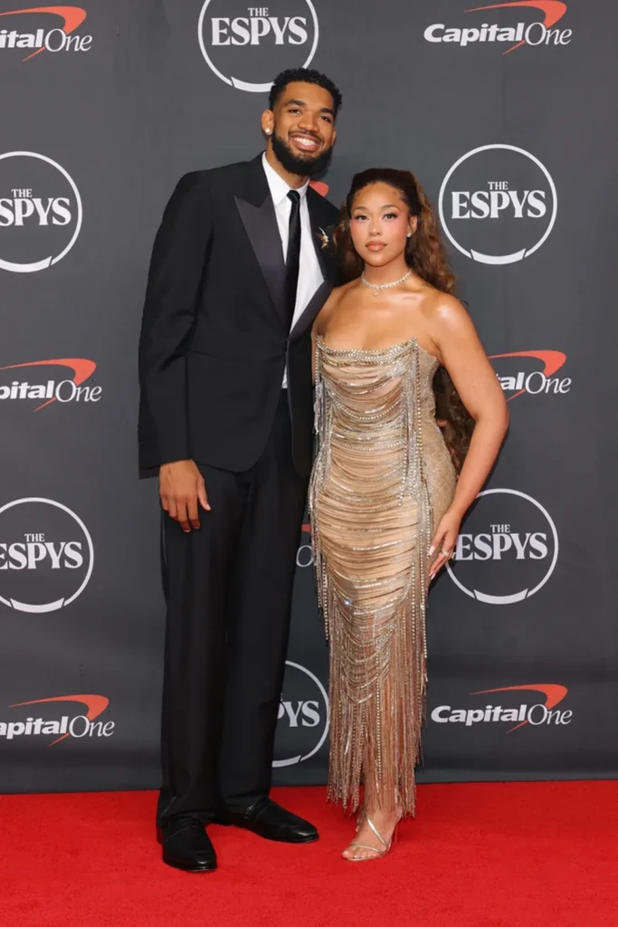 Karl Anthony Towns and Jordyn Woods at the 2026 ESPYs red carpet in New York City.