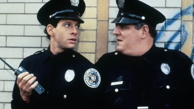 L R Steve Guttenberg and Peter Van Norden in 'Police Academy 2 Their First Assignment' (1985)