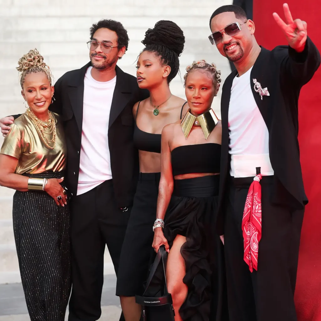 (Left right) Adrienne Banfield Norris, Trey Smith, Willow Smith, Jada Pinkett Smith and Will Smith at the Christian Louboutin Men Spring Summer 2027 Presentation as part of Paris Fashion Week on June 24.