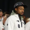 Stefon Diggs #8 of the New England Patriots looks on during Super Bowl LX Opening Night at San Jose McEnery Convention Center on February 02, 2026 in San Jose, California.