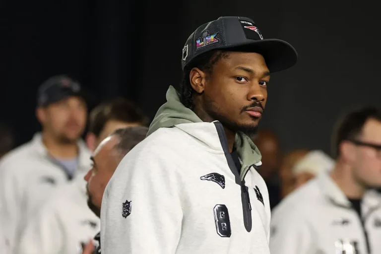 Stefon Diggs #8 of the New England Patriots looks on during Super Bowl LX Opening Night at San Jose McEnery Convention Center on February 02, 2026 in San Jose, California.