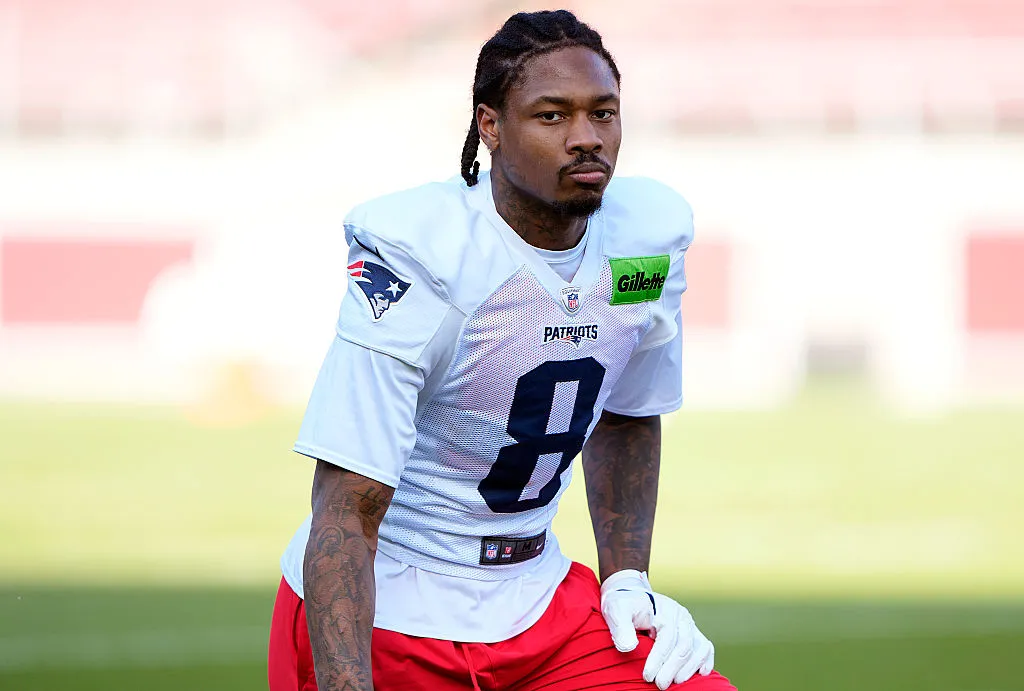 Stefon Diggs #8 of the New England Patriots participates in drills during practice prior to Super Bowl LX at Stanford Stadium on February 05, 2026 in Stanford, California.
