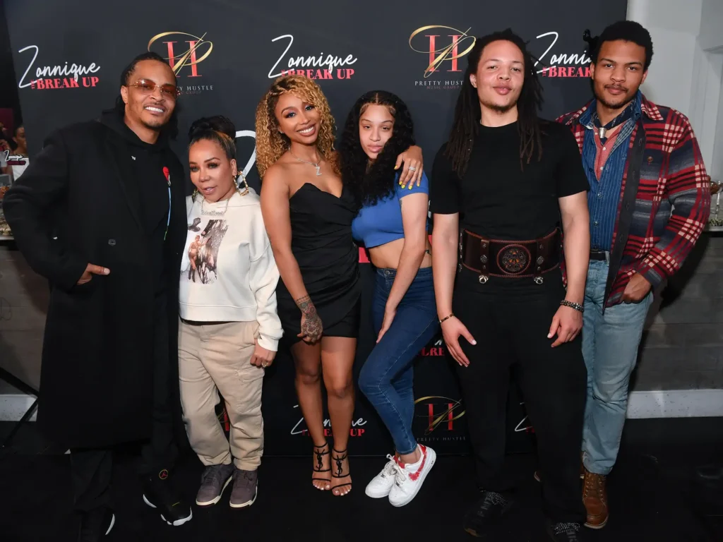 T.I., Tameka Harris, Zonnique Pullins, Deyjah Harris, Domani Harris and Messiah Harris attend Zonnique’s The Break Up EP Release Party on March 22, 2023