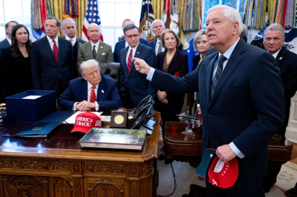 US Senator Lindsey Graham speaks to the press alongside President Trump, surrounded by members of Congress, on February 3, 2026.