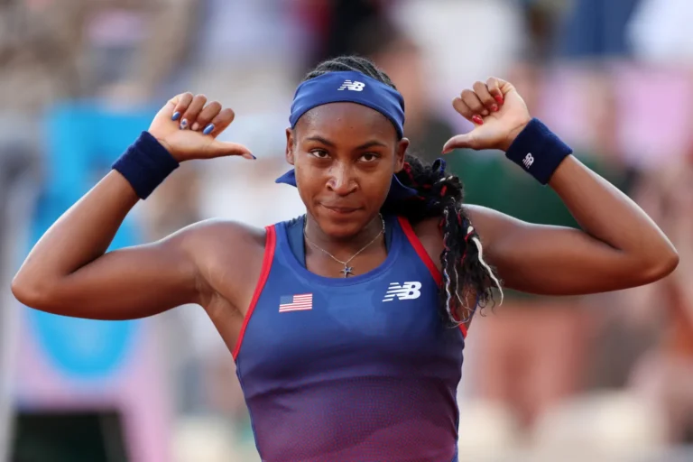 Coco Gauff of Team United States celebrates after winning match point against Ajla Tomljanovic of Team Australia