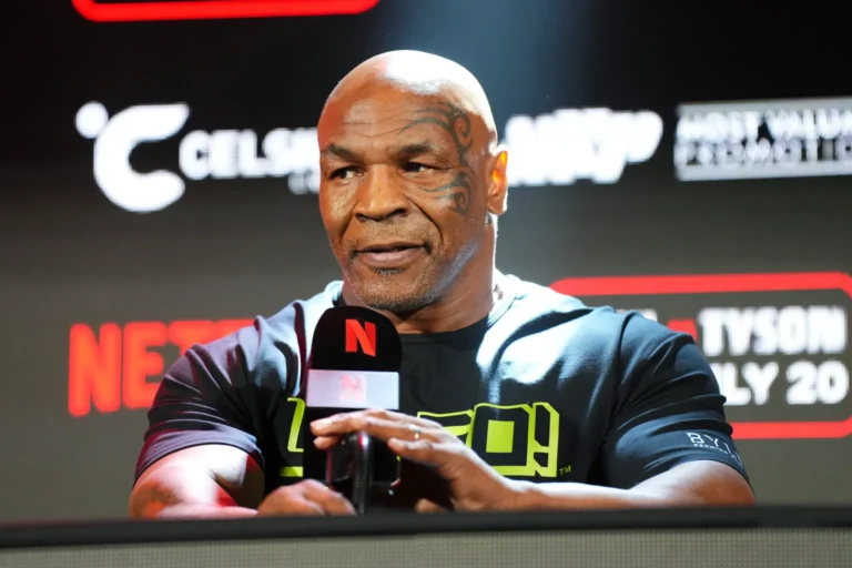 Mike Tyson speaks onstage during the Jake Paul vs. Mike Tyson Boxing match Arlington press conference at Texas Live on May 16, 2024 in Arlington, Texas.