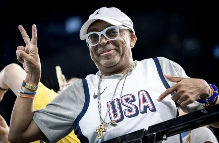 US actor and director Spike Lee follows the Artistic Gymnastics Women’s Team Final on day four of the Olympic Games Paris 2024 at the Bercy Arena on July 30, 2024 in Paris, France.